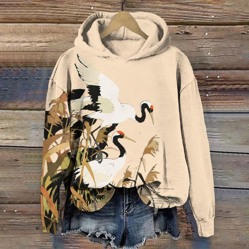Japanese Oil Painting White Crane Art Print Long Sleeve Hoodie - Apricot - US44-46(8XL) - image 5