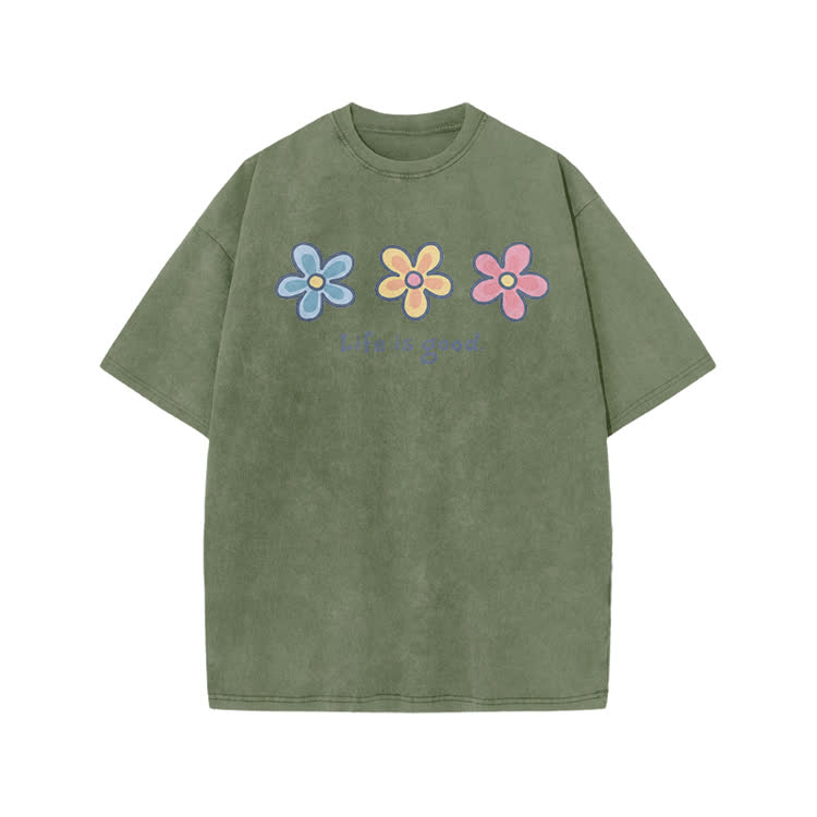Sunny Bloom Life Is Good Print Acid Washed T-shirt - Army Green - US20-22(3XL) - image 8