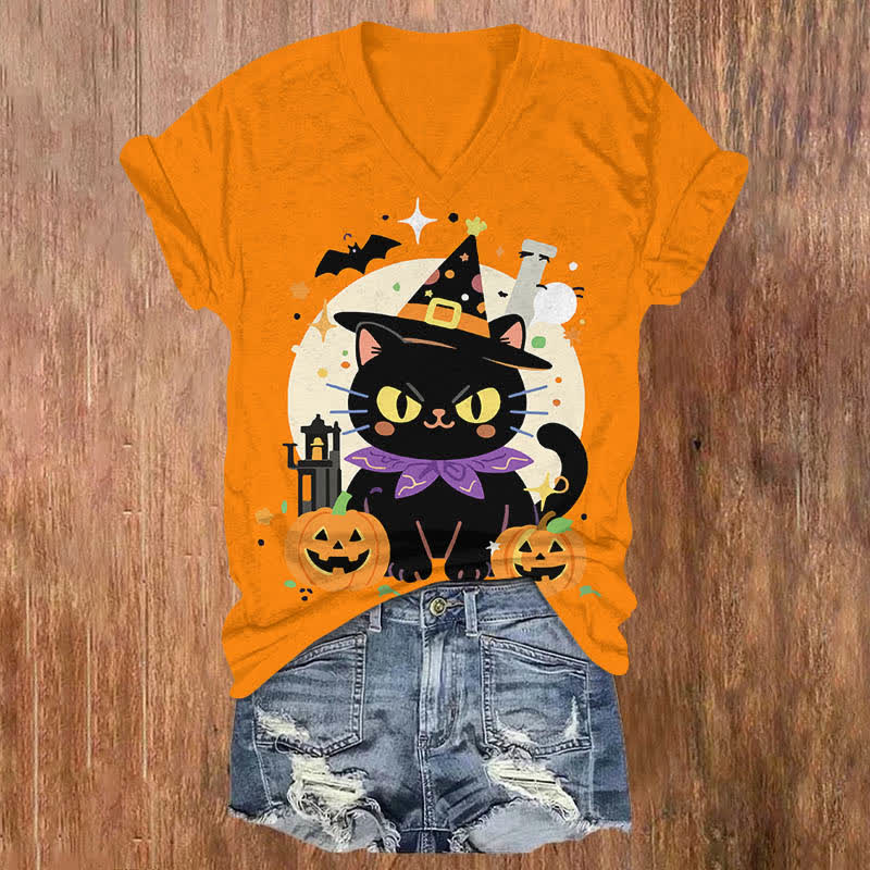 Halloween Funny Wizard Black Cat Art Print V-neck T-shirt - Orange - US32-34(5XL) - image 2
