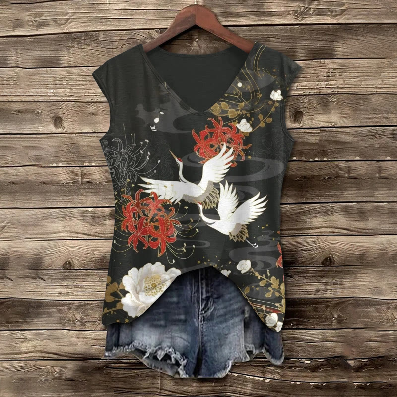 Japanese Peony And Crane Print V-neck Tank Top - image 2
