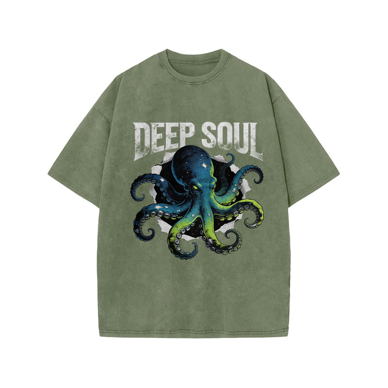 Ombre Octopus Deep Soul Print Acid Washed T-shirt - Army Green - US20-22(3XL) - image 5