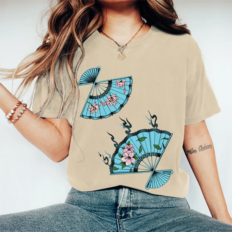 100% Cotton Women's Japanese Style Flower Fan Art Print Casual T-shirt - Khaki - 2XL - image 2