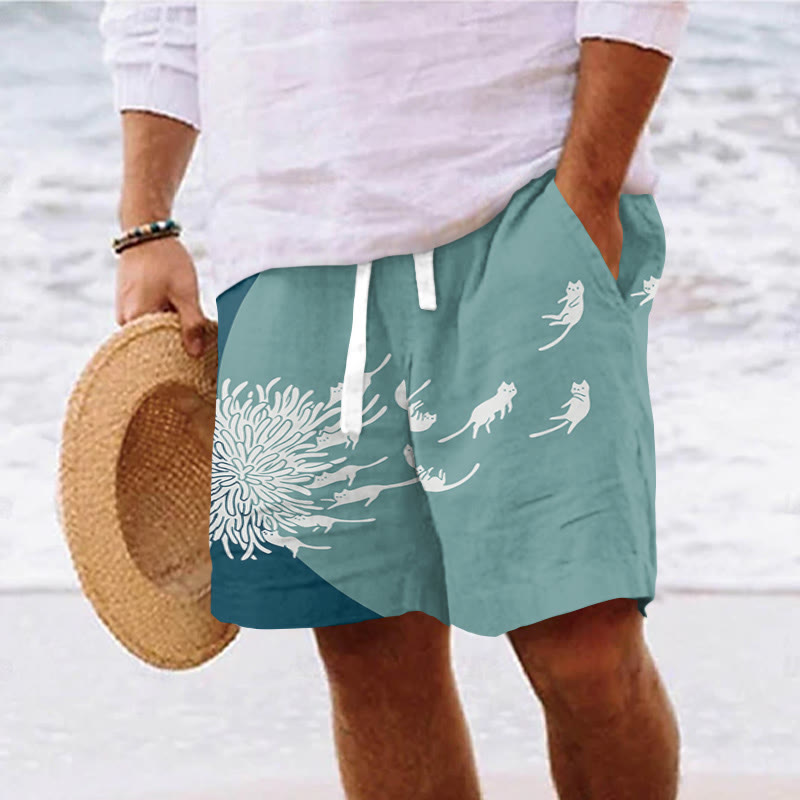 Men's Abstract Creative Dandelion And Cat Painting Art Casual Drawstring Beach Shorts - Blue - 5XL - image 5