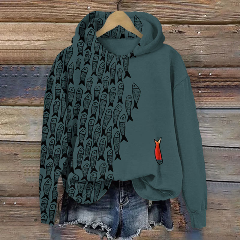 (🔥Black friday)Cute Simple Lines Abstract Geometric Fish Art Print Casual Long Sleeve Hoodie