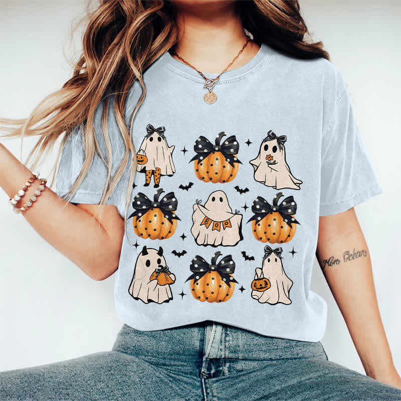 100% Cotton Halloween Girly Ghost & Pumpkin Art Print T-Shirt - Light Blue - 2XL - image 12
