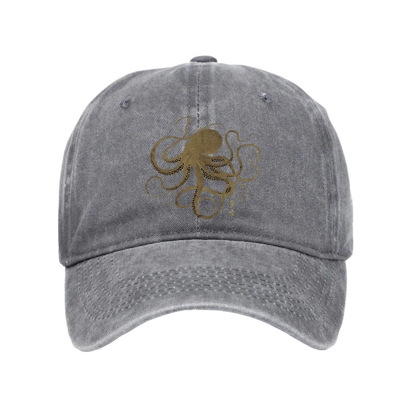 Unisex 100% Cotton Octopus Japanese Gold Print Tattoo Vintage Print Cap - Grey - one size - image 2