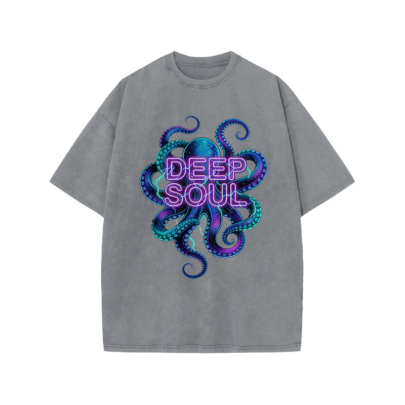 Deep Soul Colored Octopus Print Acid Washed T-shirt - Grey - US20-22(3XL) - image 6
