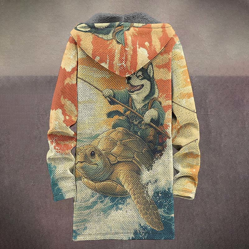 Funny Husky Riding Turtle And Fishing Print Unisex Plush Thick Long-sleeved Fleece Jacket Coat - image 4