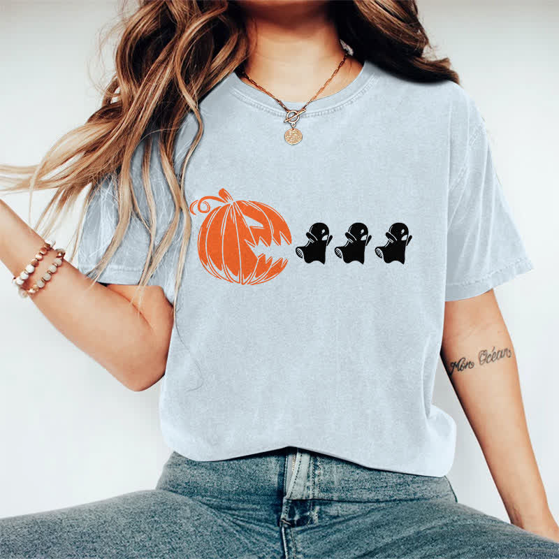 100% Cotton Women's Halloween Creative Pumpkin Eating Ghost Art Print Casual T-shirt - Light Blue - 2XL - image 13