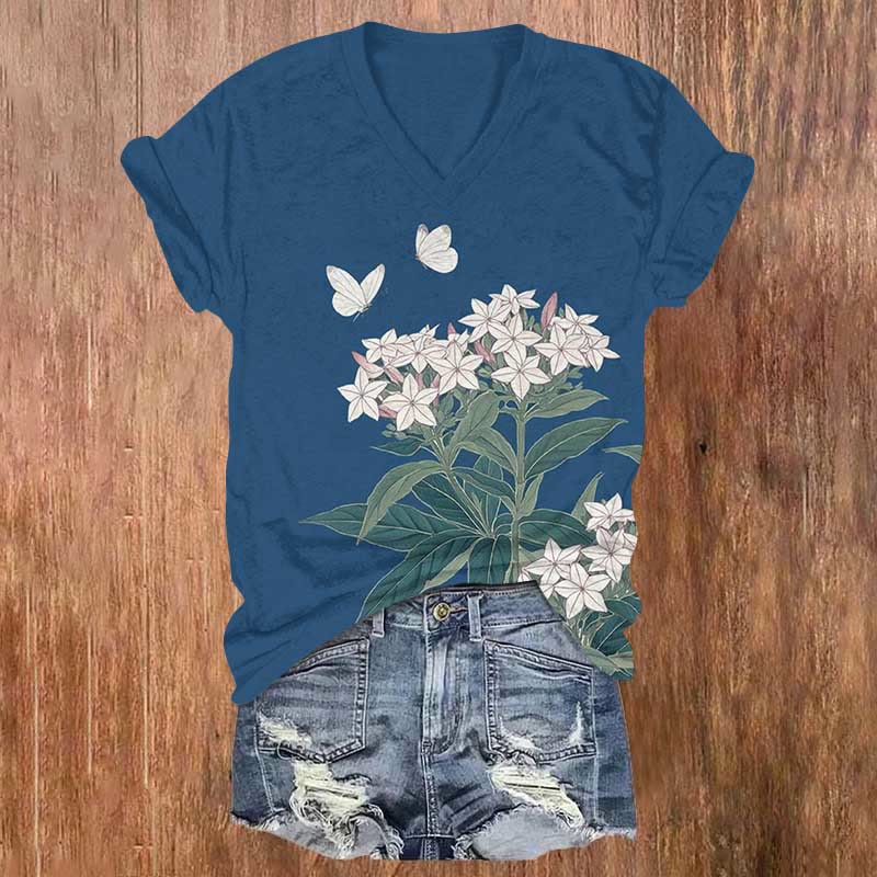 Lovely Butterfly & White Star Flowers Print V-neck T-shirt - Blue - US32-34(5XL) - image 3