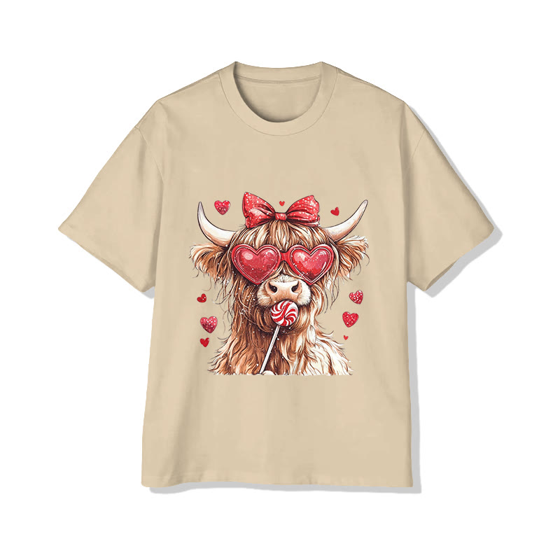 Unisex Valentine Cow Eating Lollipop Print Short Sleeved Crew Neck T-shirt - Apricot - 2XL - image 4