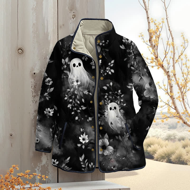 Ghost In The Flowers Halloween Print Outerwear Jackets - Black - 4XL - image 5
