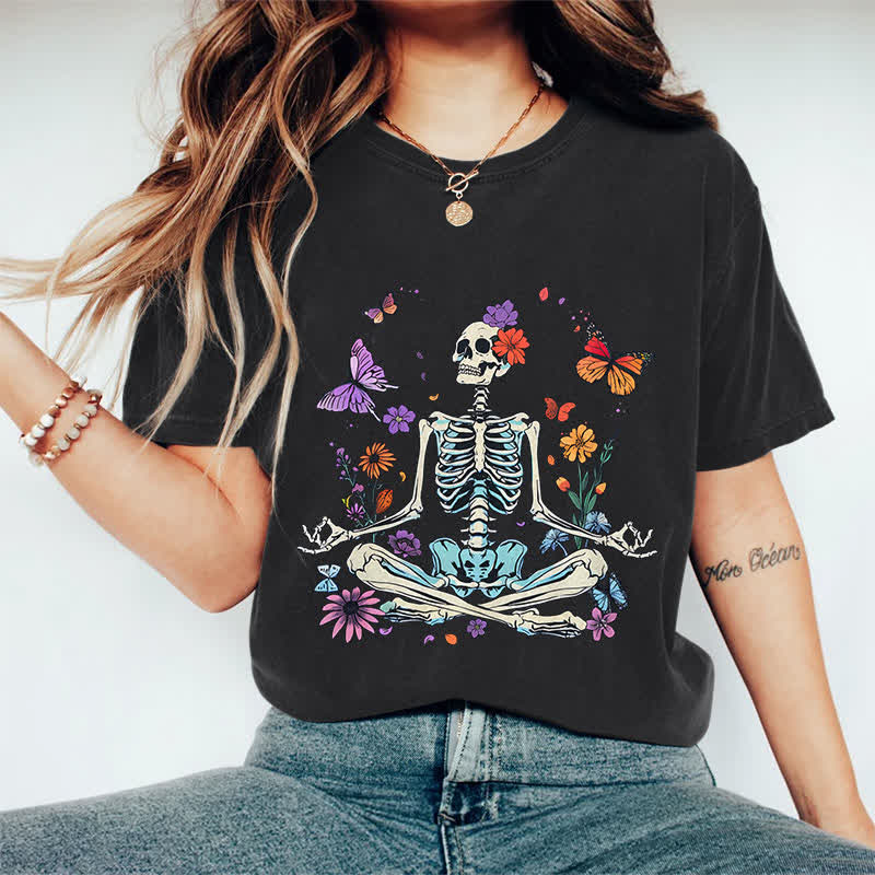 100% Cotton Women's Halloween Skeleton Man Surrounded By Flower & Butterfly Art Print Casual T-shirt - Black - 2XL - image 2