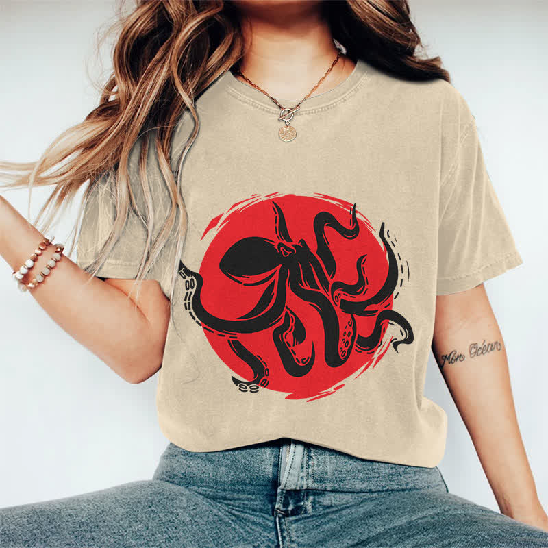 100% Cotton Japanese Abstract Octopus Art T-shirt - Apricot - 2XL - image 9