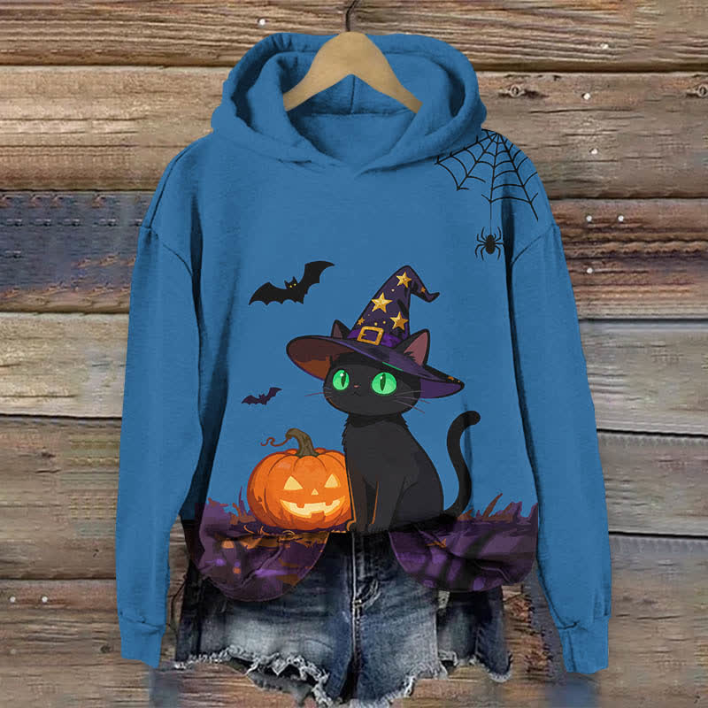 Halloween Wizard Black Cat & Pumpkin Print Long Sleeve Hoodie - Blue - US44-46(8XL) - image 3