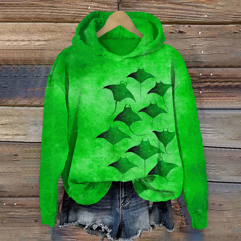 Vintage Manta Ray Art Print Long Sleeve Hoodie - Green - 8XL - image 5