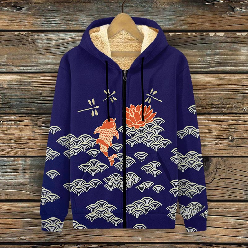 Japanese Style Koi Fish Dragonfly Wave Art Print Fleece Jacket - Dark Blue - 4XL - image 5