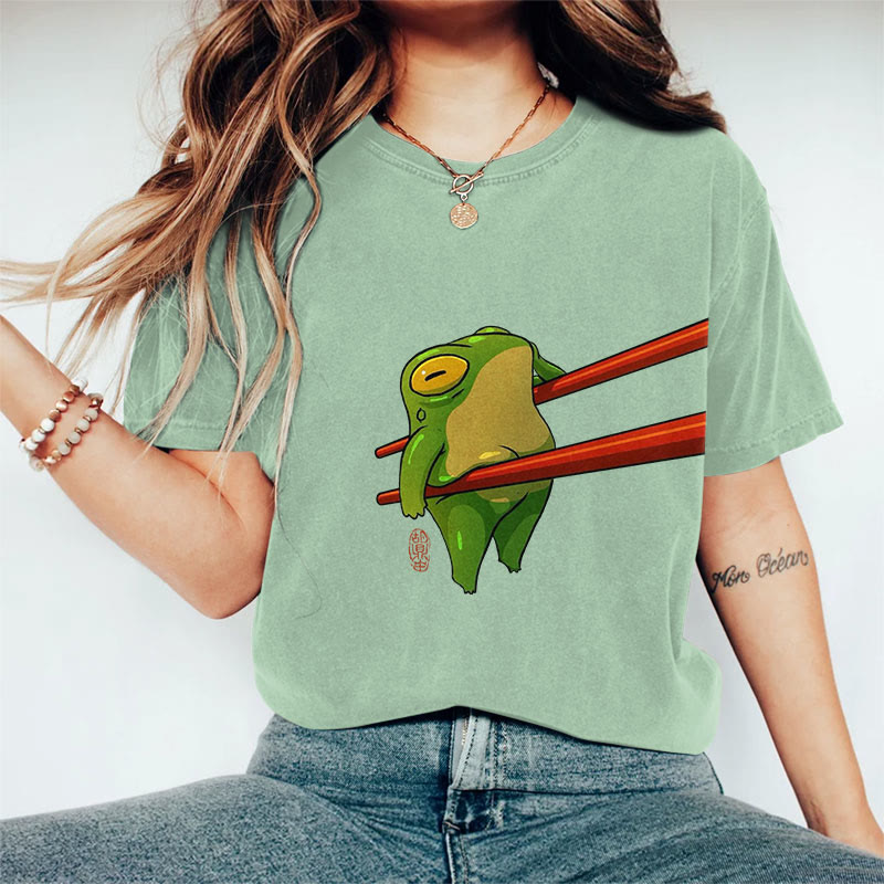 100% Cotton Funny Chopsticks Frog Art Print Casual T-shirt - Light Green - 2XL - image 6