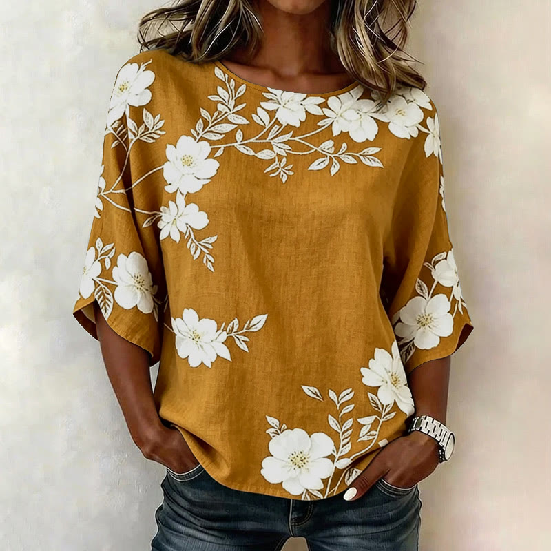 Vintage Floral Branch Print 3/4 Sleeve Casual Blouse - Yellow - 4XL - image 6