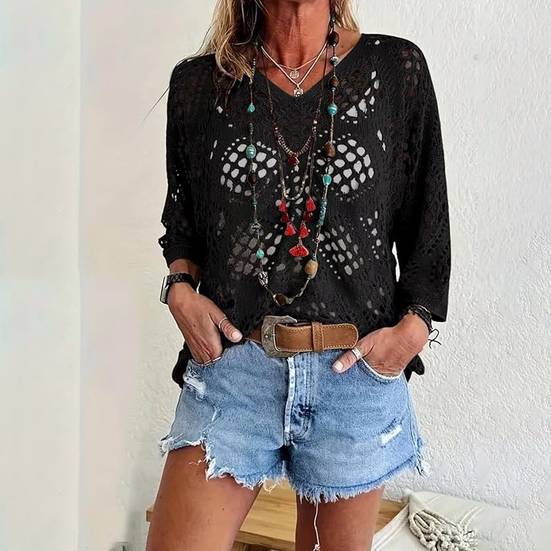 Beach Diamond Cutout Batwing Sleeve V-Neck Cover-up T-Shirt - Black - 5XL - image 6