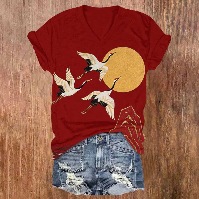 Japanese Cranes Flying Across The Sun Print V-neck T-shirt - Red - US32-34(5XL) - image 3