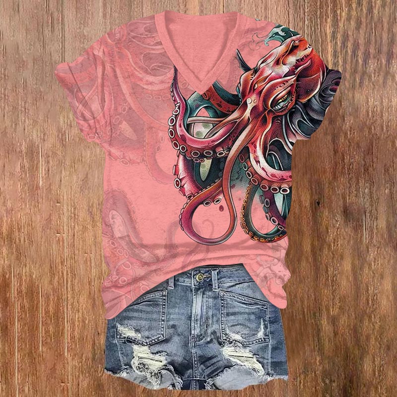 Japanese Vintage Octopus Print V-neck T-shirt - Pink - US32-34(5XL) - image 3