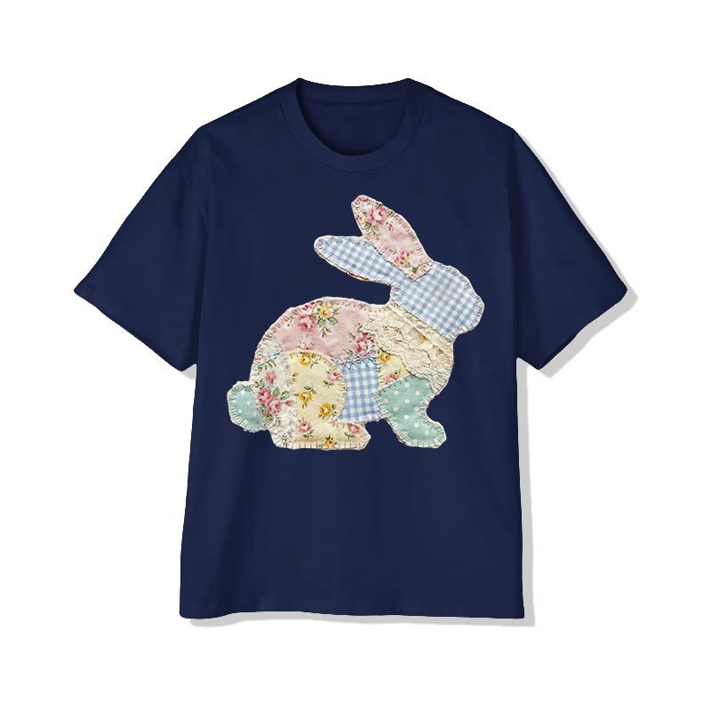Trendy Pastoral Floral Bunny Patchwork Printed Cotton T-shirt - Dark Blue - 2XL - image 12