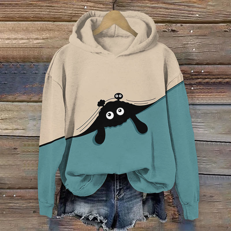 Women's Japanese Creative Cat Covered With Quilt Print Long Sleeve Hoodie - Lake Blue - 8XL - image 3