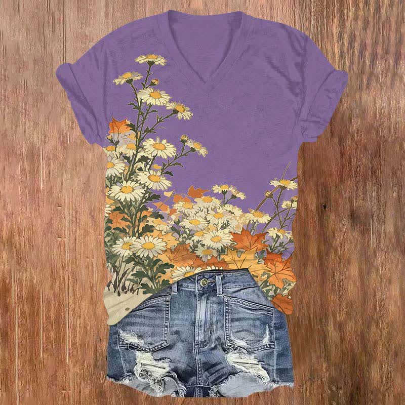 Japanese Oil Painting Sunflower Art Print V-neck T-shirt - Purple - US32-34(5XL) - image 2