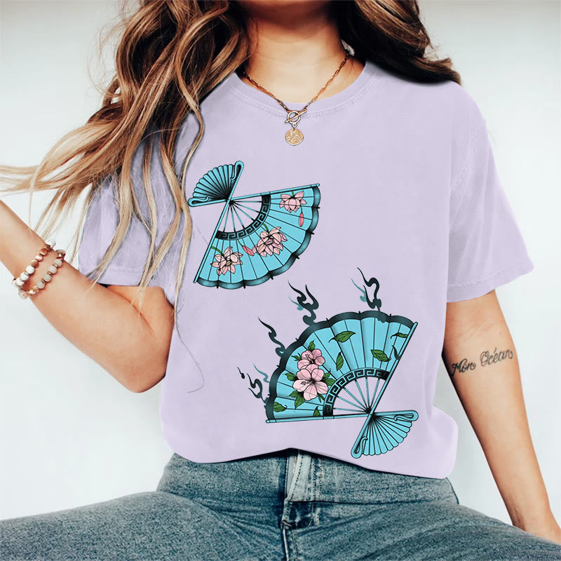 100% Cotton Women's Japanese Style Flower Fan Art Print Casual T-shirt - Purple - 2XL - image 4