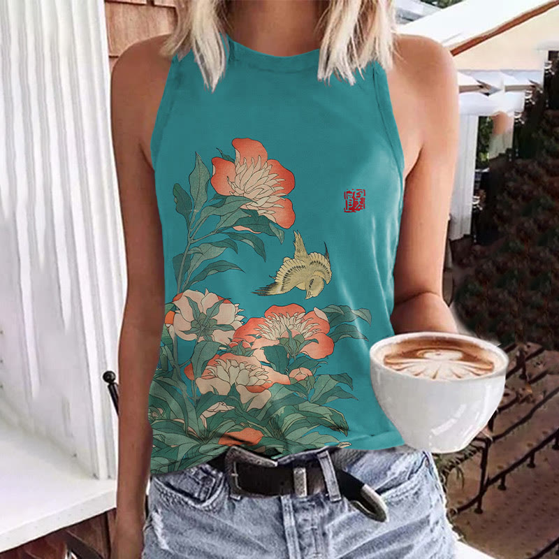 Flower Print Tank Top - Green - 5XL - image 3