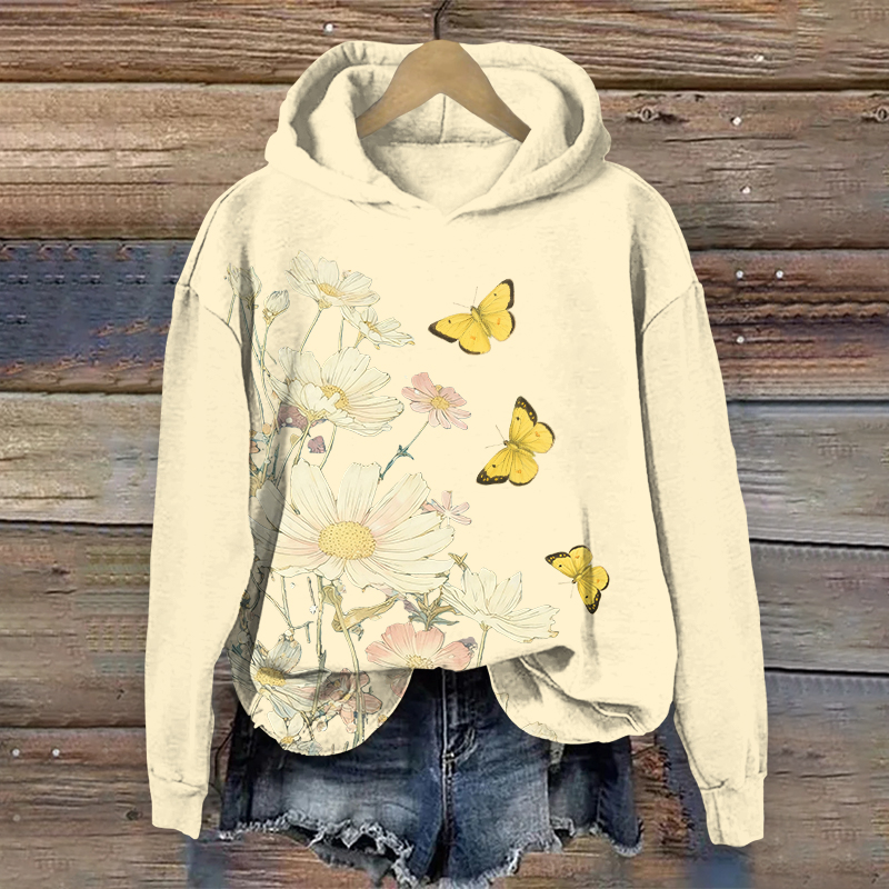 Lovely Yellow Butterfly & Daisy Art Print Long Sleeve Hoodie - Yellow - US44-46(8XL) - image 3