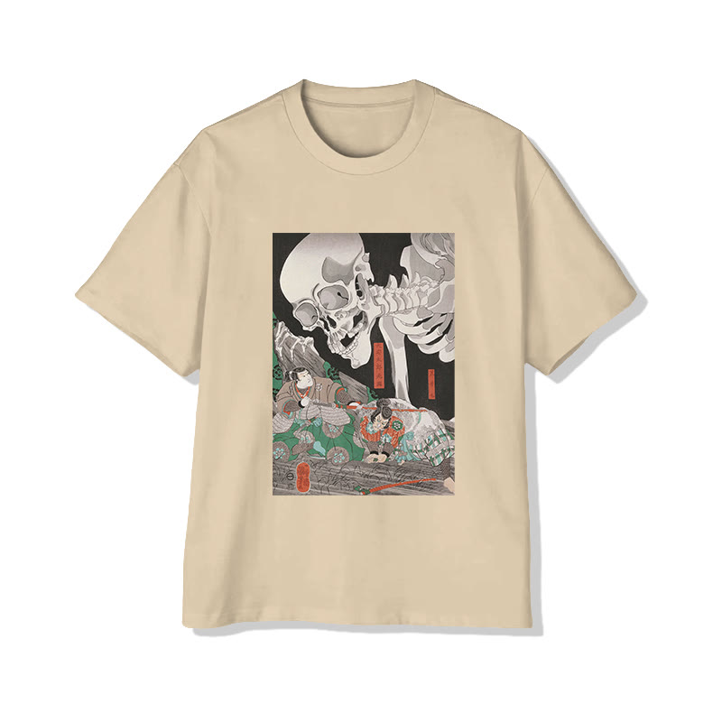 Japanese Ukiyo-e Skeleton Print Short Sleeved Crew Neck T-shirt - Apricot - 2XL - image 4