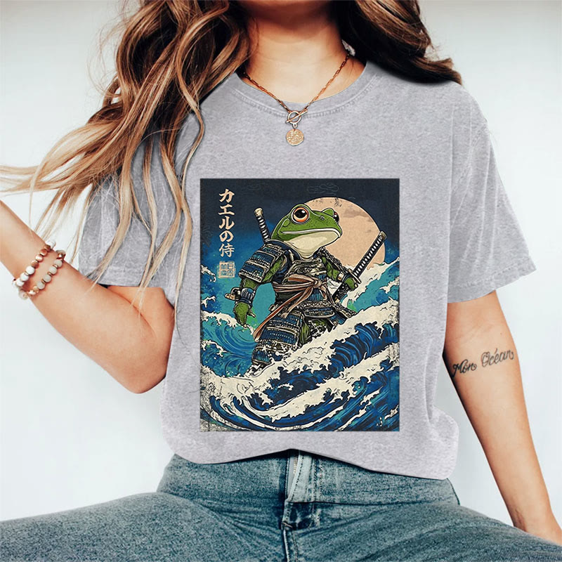 100% Cotton Women's Japanese Ocean Wave Samurai Frog Art Print Casual T-shirt - Grey - 2XL - image 4