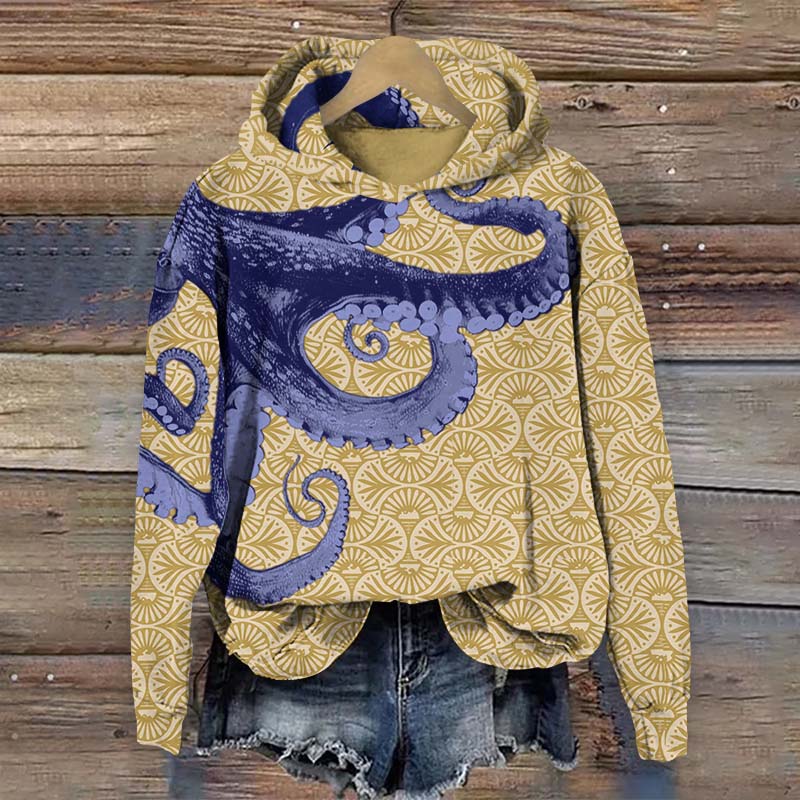 Vintage Octopus Art Print Long Sleeve Hoodie - Yellow - 8XL - image 1