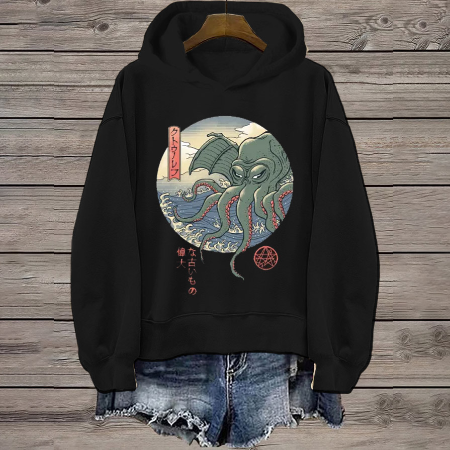 Japanese Octopus Print Long Sleeve Hoodie - Black - 8XL - image 1