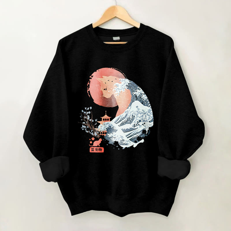 100% Cotton Japanese Style Wave Cat Print Crew Neck Sweatshirt - Black - 2XL - image 3