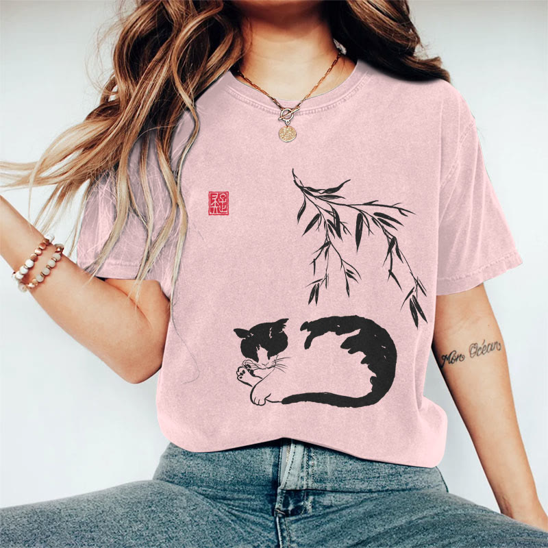 100% Cotton Women's Japanese Sleeping Cat Under Bamboo Art Print Casual T-shirt - Pink - 2XL - image 4