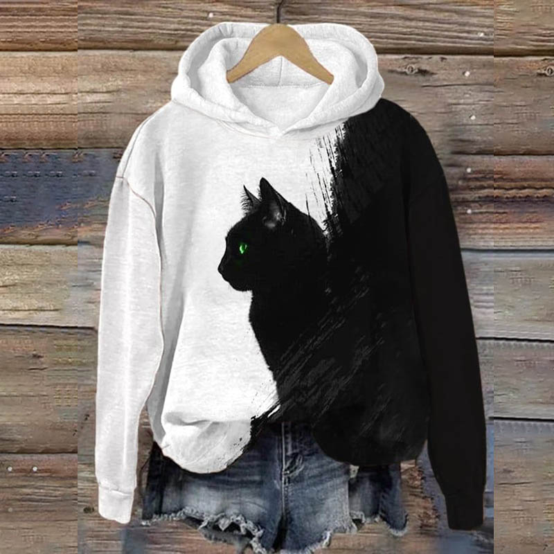Artistic Black And White Cat  Painting Long Sleeve Hoodie - Black - 8XL - image 1