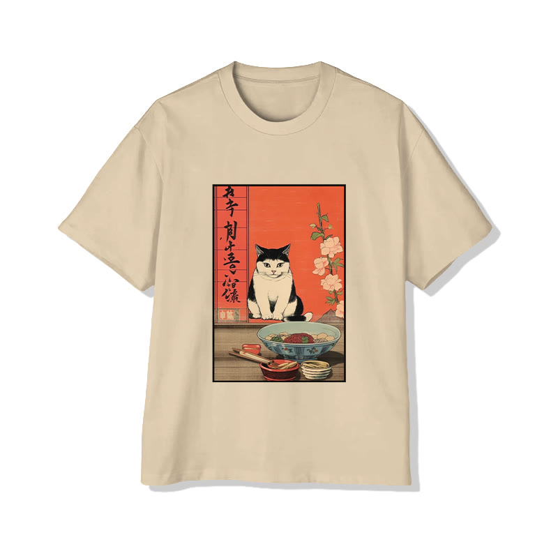 Unisex Japanese  Cat Wants To Eat Ramen  Art Pattern Cotton Print T-shirt - Apricot - US20-22(3XL) - image 3
