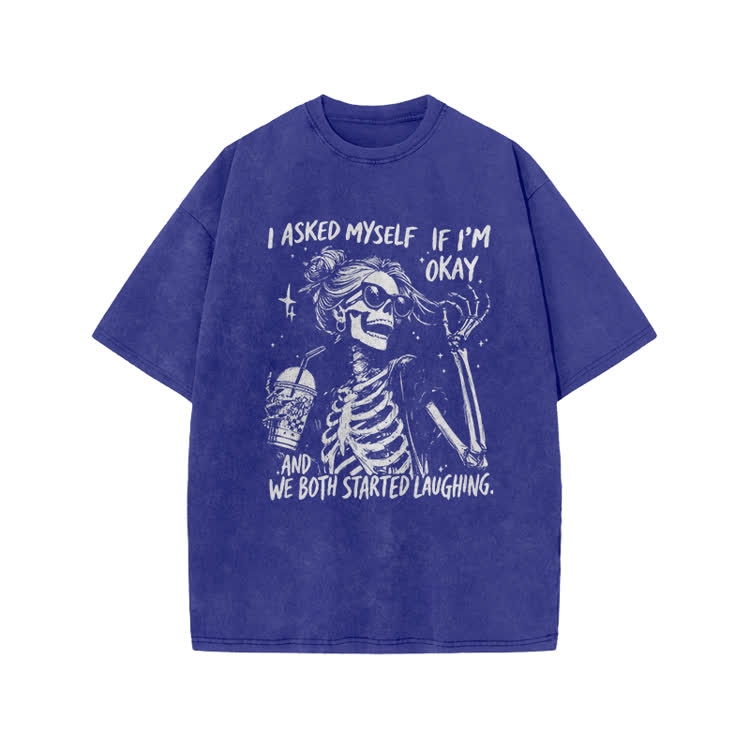 I Asked Myself If I’m Okay Skeleton Print Acid Washed T-shirt - Blue - US20-22(3XL) - image 8