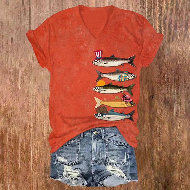 Japanese Funny Fish With Hat Art Print T-shirt - Red - US32-34(5XL) - image 3