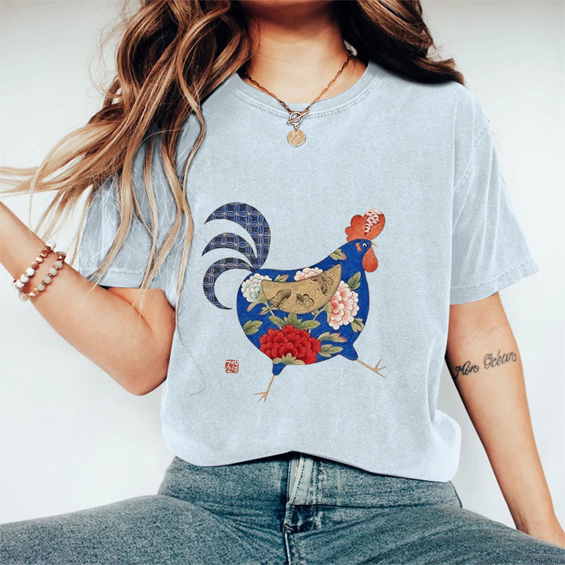 100% Cotton Creative Floral Rooster Art Print T-shirt - Blue - US16-18(2XL) - image 8