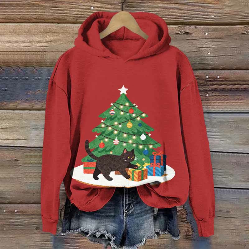 Christmas Tree Gifts & Black Cat Art Print Long Sleeve Hoodie - Red - US44-46(8XL) - image 3