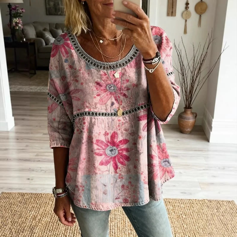 Boho Hippie Floral Print Openwork Lace Splicing Round Neck Half Sleeve Blouse - Pink - 4XL - image 9