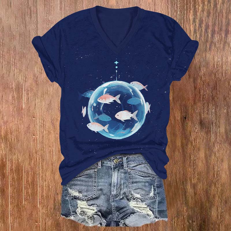 Funny Fish Swimming Around The Transparent Sphere Print V-neck T-shirt - Blue - US32-34(5XL) - image 2