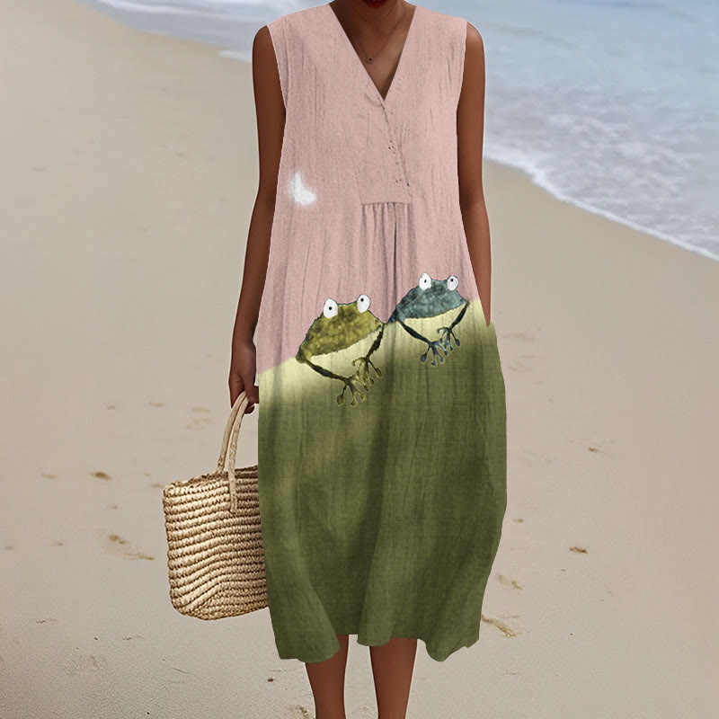 Simple Frog Color Block Art Print V-neck Sleeveless Dress - Pink - 5XL - image 4