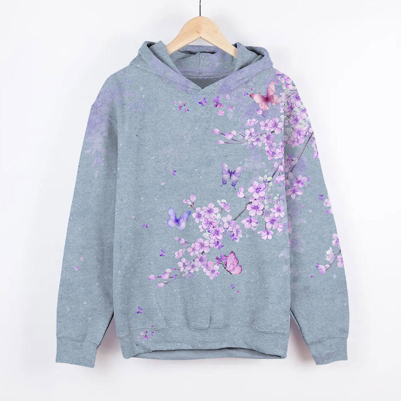  Romantic Purple Cherry Blossom & Butterfly Art Print Long Sleeve Hoodie - Blue - US44-46(8XL) - image 3