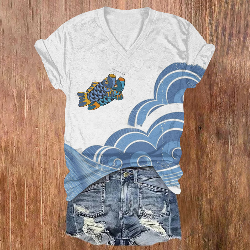 Japanese-style Waves And Twin Fish Printed Short Sleeved V-neck T-shirt - Light Gray - US32-34(5XL) - image 1