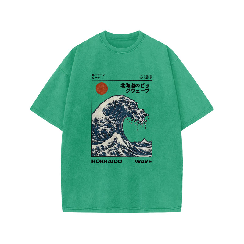 Unisex 100% Cotton Hokkaido Wave Vintage Print Acid Washed T-shirt - Green - 3XL - image 7